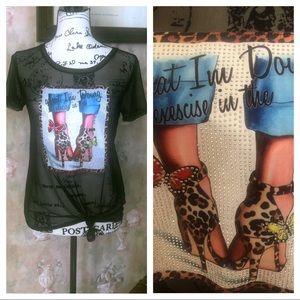 NWT RHINESTONE GRAHPIC MESH TOP